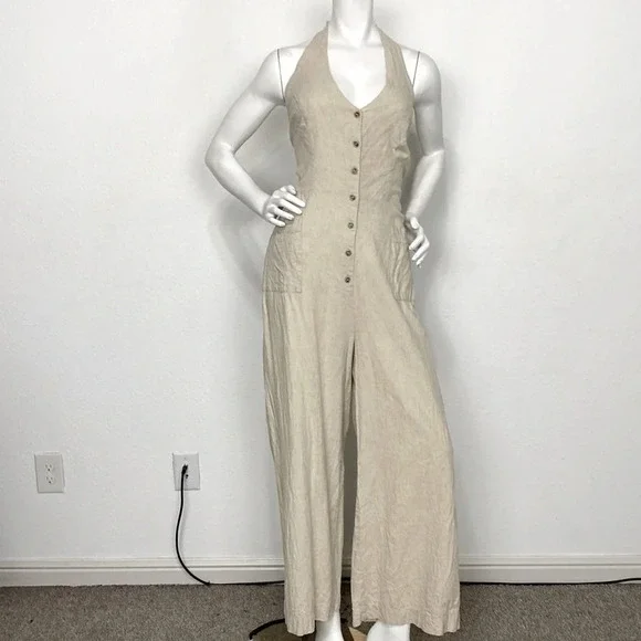 LaScana Cream Linen Blend Button Down Halter Neck Wide Leg Jumpsuit Size 12 - Picture 3 of 10